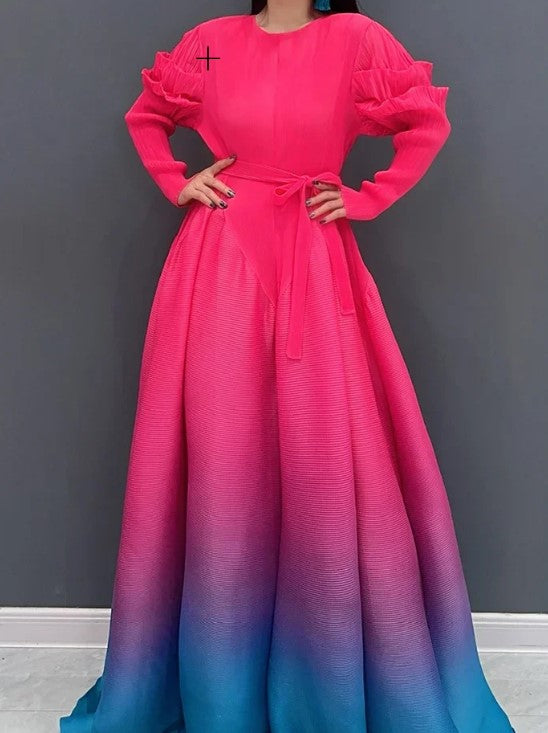 Pink Color - Graceful in Gradient Dress ☆ Preorder ☆ ETA 2/3 Weeks - Stretchy/Scrunchy Ruffle Long Sleeves - Gradient Color Scheme (Pink, Blue, Purple) - Flowy Maxi Style - Round Neck