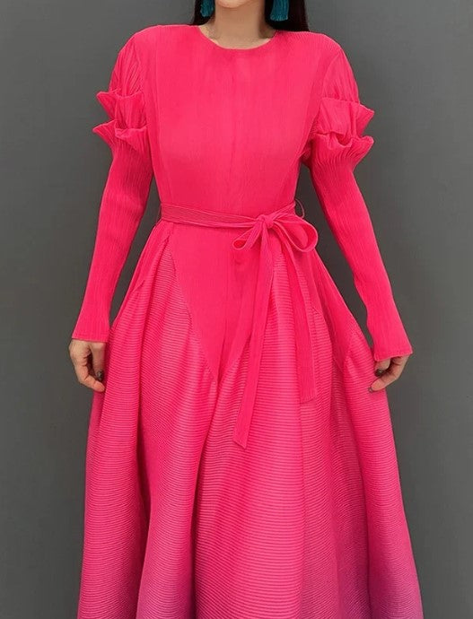 Close Up Detail of Pink Color - Graceful in Gradient Dress ☆ Preorder ☆ ETA 2/3 Weeks - Stretchy/Scrunchy Ruffle Long Sleeves - Gradient Color Scheme (Pink, Blue, Purple) - Flowy Maxi Style - Round Neck