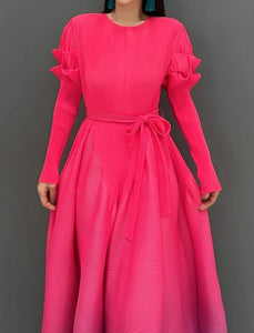 Close Up Detail of Pink Color - Graceful in Gradient Dress ☆ Preorder ☆ ETA 2/3 Weeks - Stretchy/Scrunchy Ruffle Long Sleeves - Gradient Color Scheme (Pink, Blue, Purple) - Flowy Maxi Style - Round Neck