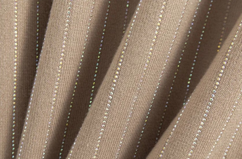 Close Up Detail of Rhinestone Pinstriping in Khaki Color - Modest and Dazzling Sweater Dress ☆ Preorder ☆ 2/3 Weeks - Soft Knit Dress - V-Neck Neckline - Vertical Pinstripe Rhinestone Detail Throughout