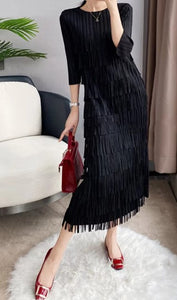 Black Color - Fringed Bliss Dress ☆ Preorder ☆ ETA 2/3 Weeks - Blessed To Bless Boutique - Soft Pleated Style Dress with Fringe on Front, Back of Dress is Soft Pleated Design (No Fringe), 3/4 Length Sleeves with Soft Pleated Design (No Fringe), Round Neck, Midi Length