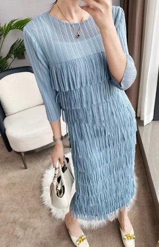 Gray Blue Color - Fringed Bliss Dress ☆ Preorder ☆ ETA 2/3 Weeks - Blessed To Bless Boutique - Soft Pleated Style Dress with Fringe on Front, Back of Dress is Soft Pleated Design (No Fringe), 3/4 Length Sleeves with Soft Pleated Design (No Fringe), Round Neck, Midi Length