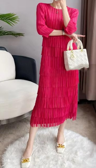 Rose Pink Color - Fringed Bliss Dress ☆ Preorder ☆ ETA 2/3 Weeks - Blessed To Bless Boutique - Soft Pleated Style Dress with Fringe on Front, Back of Dress is Soft Pleated Design (No Fringe), 3/4 Length Sleeves with Soft Pleated Design (No Fringe), Round Neck, Midi Length