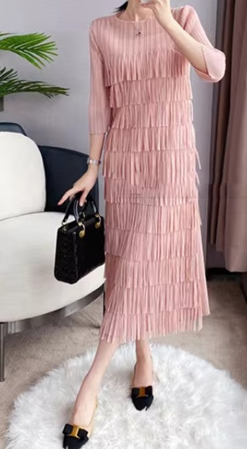 Pink Color - Fringed Bliss Dress ☆ Preorder ☆ ETA 2/3 Weeks - Blessed To Bless Boutique - Soft Pleated Style Dress with Fringe on Front, Back of Dress is Soft Pleated Design (No Fringe), 3/4 Length Sleeves with Soft Pleated Design (No Fringe), Round Neck, Midi Length