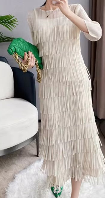 Beige Color - Fringed Bliss Dress ☆ Preorder ☆ ETA 2/3 Weeks - Blessed To Bless Boutique - Soft Pleated Style Dress with Fringe on Front, Back of Dress is Soft Pleated Design (No Fringe), 3/4 Length Sleeves with Soft Pleated Design (No Fringe), Round Neck, Midi Length