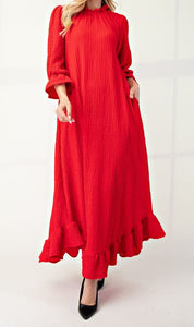 Red Color - Maxi Length Dress with Ruffled Round Neckline, Puff 3/4 Sleeves with Ruffled Cuffs, and Ruffled Hem