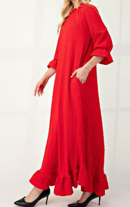 Side View of Red Color - Maxi Length Dress with Ruffled Round Neckline, Puff 3/4 Sleeves with Ruffled Cuffs, and Ruffled Hem