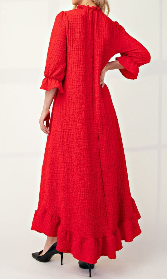 Back View of Red Color - Maxi Length Dress with Ruffled Round Neckline, Puff 3/4 Sleeves with Ruffled Cuffs, and Ruffled Hem