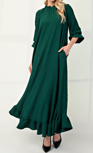 Hunter Green Color - Maxi Length Dress with Ruffled Round Neckline, Puff 3/4 Sleeves with Ruffled Cuffs, and Ruffled Hem