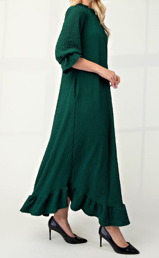 Side View of Hunter Green Color - Maxi Length Dress with Ruffled Round Neckline, Puff 3/4 Sleeves with Ruffled Cuffs, and Ruffled Hem