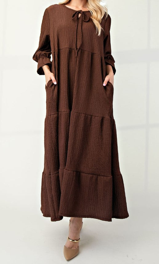 Brown Color - Tiered Maxi Dress with 3/4 Length Puff Sleeves and Ruffled Cuffs, Round Neckline with Keyhole Cutout and Detail Tying Bow