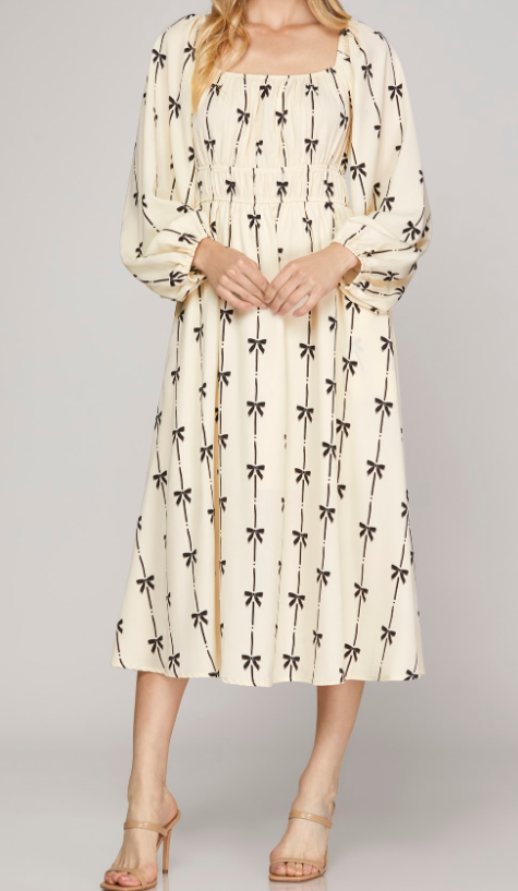 Ribboned Darling Dress - Midi Length - Cream Color with Black Striped Coquette Bow Detail - Long Sleeve with Elastic Cuffs - Elastic Banding in Waistline