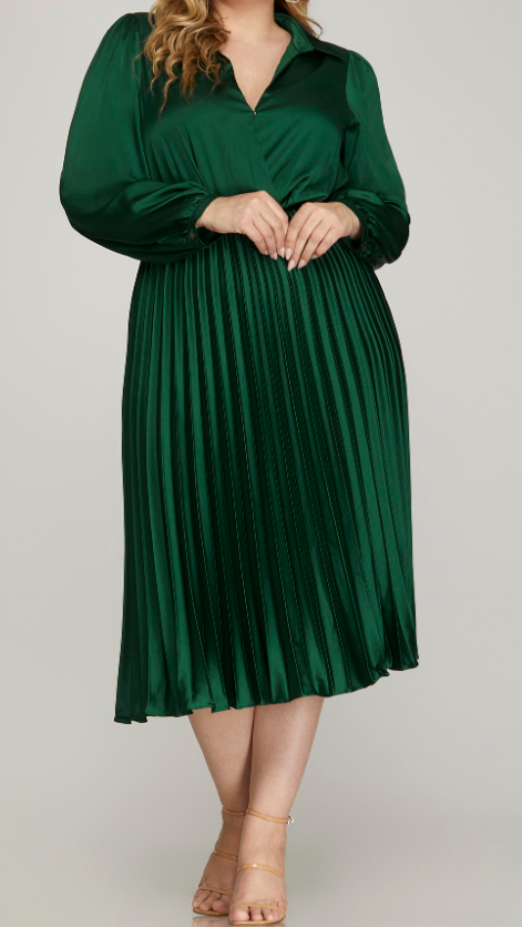 Plus Size - Green Color - Midi Length Dress with Flowy Style and Collared Neck/Surplice Crossover Neckline - Smooth Style Bodice and Sleeves - Pleated Bottom of Dress