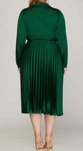 Plus Size - Back View of Green Color - Midi Length Dress with Flowy Style and Collared Neck/Surplice Crossover Neckline - Smooth Style Bodice and Sleeves - Pleated Bottom of Dress