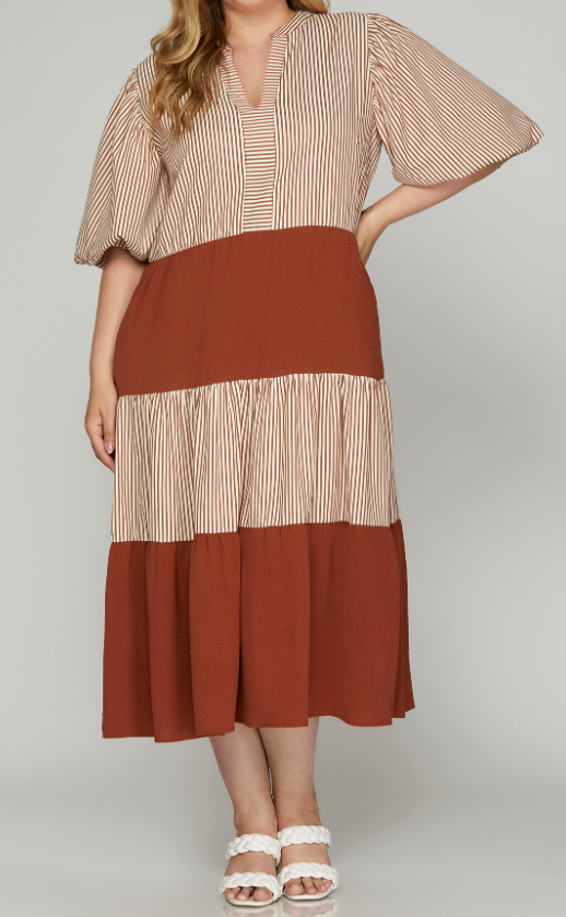 Plus Size - Rust Color - Midi Length Dress with 1/2 Puff Sleeves, Tiered Style, Alternating Rust/Cream Striping and Solid Rust Tiers