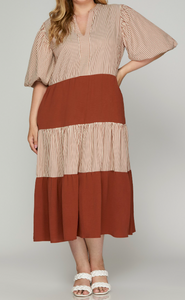 Plus Size - Rust Color - Midi Length Dress with 1/2 Puff Sleeves, Tiered Style, Alternating Rust/Cream Striping and Solid Rust Tiers