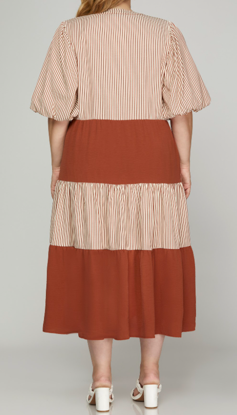 Plus Size - Back View of Rust Color - Midi Length Dress with 1/2 Puff Sleeves, Tiered Style, Alternating Rust/Cream Striping and Solid Rust Tiers