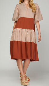 Regular Size - Rust Color - Midi Length Dress with 1/2 Puff Sleeves, Tiered Style, Alternating Rust/Cream Striping and Solid Rust Tiers