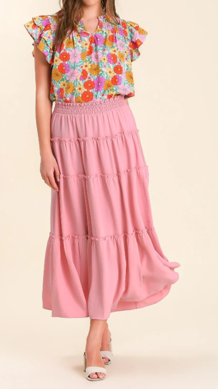 Pink Color - Sweetheart Skirt - Maxi Skirt with Ruffle Tiers