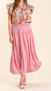 Pink Color - Sweetheart Skirt - Maxi Skirt with Ruffle Tiers