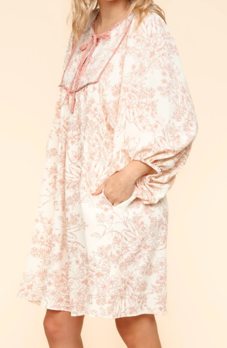 Side View of Cream/Pink Color - Spring Blossoms Dress - Tunic Length - Floral Print