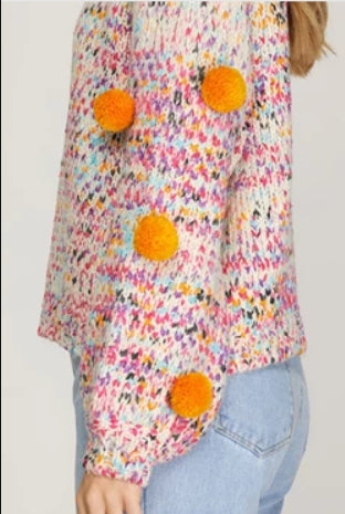 Pom pom sweater in multi fall colors side view 