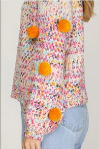 Pom pom sweater in multi fall colors side view 