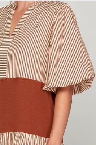 Regular Size - Detail View of Rust Color - Midi Length Dress with 1/2 Puff Sleeves, Tiered Style, Alternating Rust/Cream Striping and Solid Rust Tiers