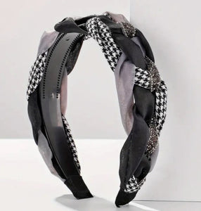 Houndstooth Delight Headband with  houndstooth print, shades of gray, black, and gray sparkle in a multicolor pattern.