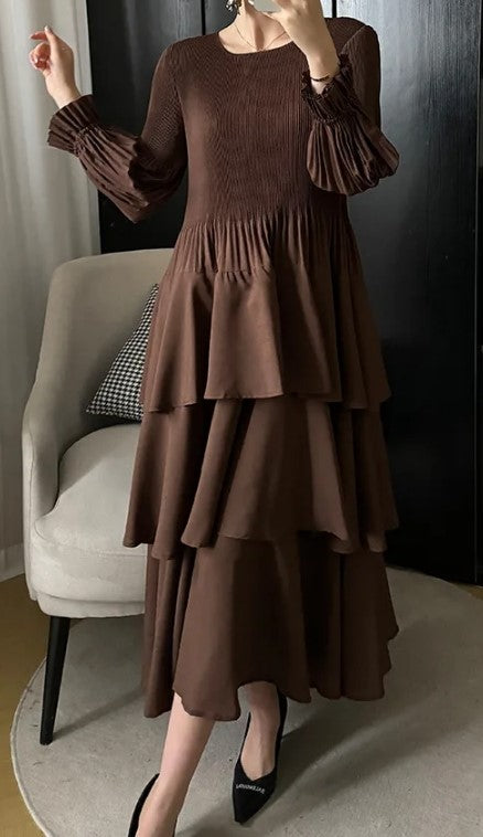 Front View of Chocolate Splendor Dress showing Pleated Detail and Ruffles in Brown Color