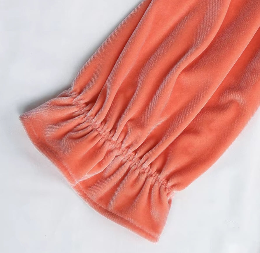 Close Up Detail of Elastic 3/4 Length Sleeves - Pumpkin Color - Wear Velvet For Fall Dress with Velvety Tiers