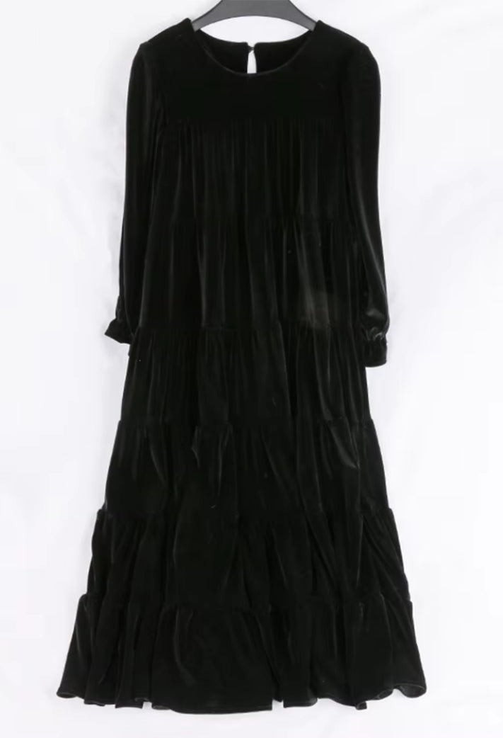 Front View on Hanger - Black Color - Wear Velvet For Fall Dress with Velvety Tiers and 3/4 Length Sleeves and Elastic on Sleeve Cuffs