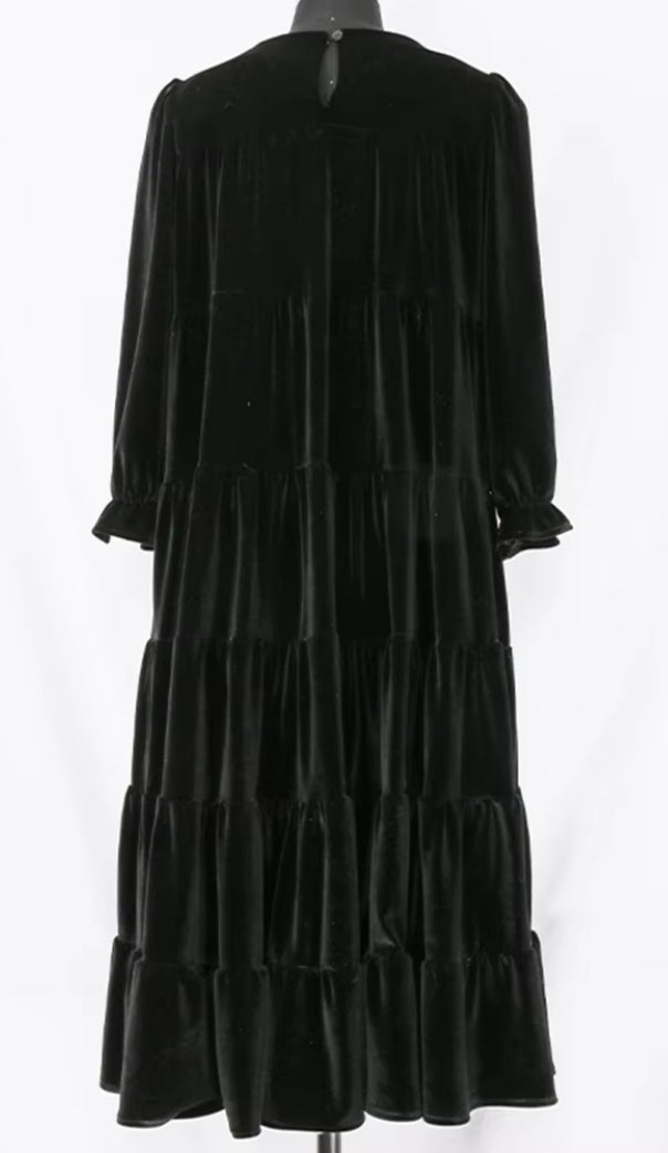 Back View on Mannequin - Black Color - Wear Velvet For Fall Dress with Velvety Tiers and 3/4 Length Sleeves and Elastic on Sleeve Cuffs