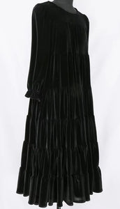 Front View on Mannequin - Black Color - Wear Velvet For Fall Dress with Velvety Tiers and 3/4 Length Sleeves and Elastic on Sleeve Cuffs