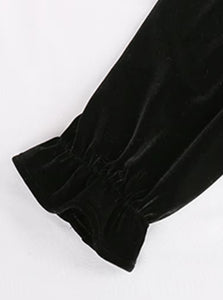 Close Up Detail of Elastic 3/4 Length Sleeves - Black Color - Wear Velvet For Fall Dress with Velvety Tiers and 3/4 Length Sleeves