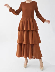 Rust Tiered One Size Dress with Pleated Detail and Ruffled Skirt