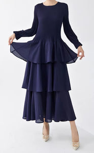 View of Ruffles on Navy Color Tiered One Size Dress with Pleated Detail and Ruffled Skirt