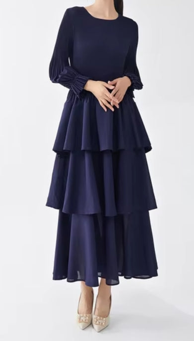 Navy Color Tiered One Size Dress with Pleated Detail and Ruffled Skirt