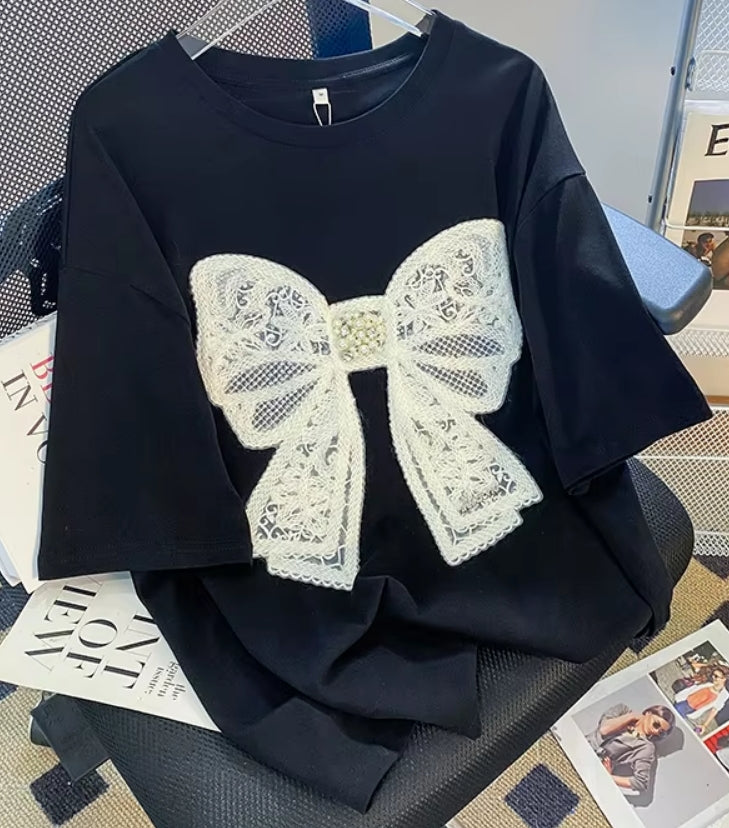 Bow-dacious Embroidered Beaded Top ☆Preorder☆ ETA 2/3 Weeks - Black Top with Large Embroidered Cream Color Bow with Lace and Pearl Detail - 3/4 Length Sleeves