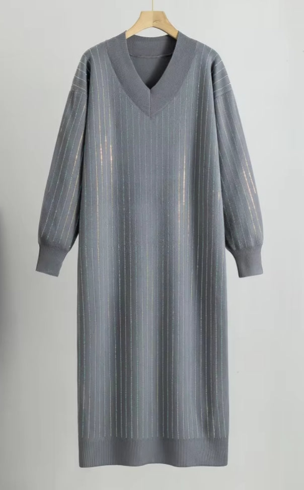 Gray Color - Modest and Dazzling Sweater Dress ☆ Preorder ☆ 2/3 Weeks - Soft Knit Dress - V-Neck Neckline - Vertical Pinstripe Rhinestone Detail Throughout