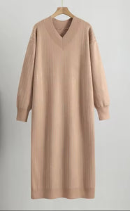 Khaki Color - Modest and Dazzling Sweater Dress ☆ Preorder ☆ 2/3 Weeks - Soft Knit Dress - V-Neck Neckline - Vertical Pinstripe Rhinestone Detail Throughout