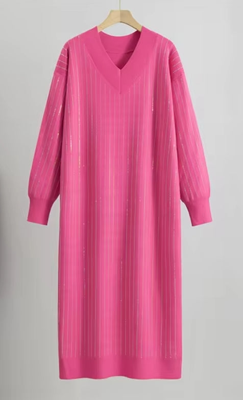 Rose Pink Color - Modest and Dazzling Sweater Dress ☆ Preorder ☆ 2/3 Weeks - Soft Knit Dress - V-Neck Neckline - Vertical Pinstripe Rhinestone Detail Throughout