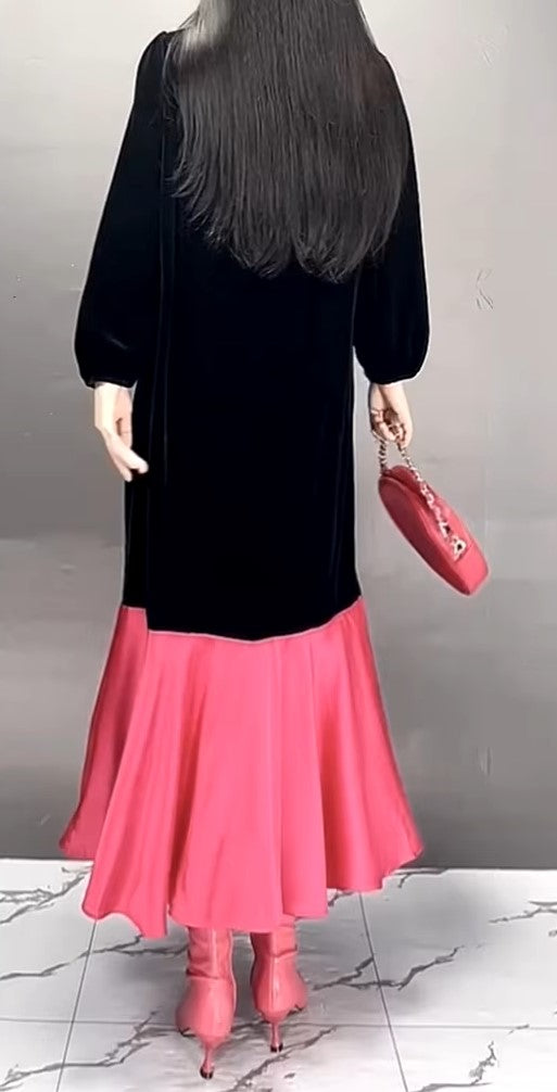 Back View of Black/Red Color - Holiday Glamour Dress - Midi Length - Round Neck - Long Lantern Sleeves - Color Splice Design