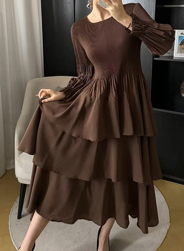 Front View of Chocolate Splendor Dress showing Pleated Detail and Ruffles in Brown Color