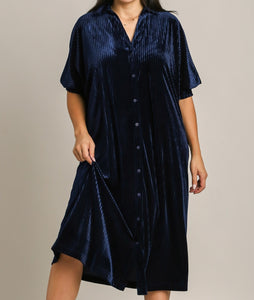 Buttoned Up View of Navy Velvet Comfort Dress ☆ In Stock ☆