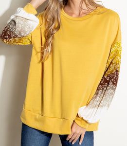 Ombre Blossom Top in Mustard with Gradient Sleeves in Mustard, Brown, Tan, and White with Mustard Cuffs - Loose, Oversized Fit - Available in Plus Size 1X-3X