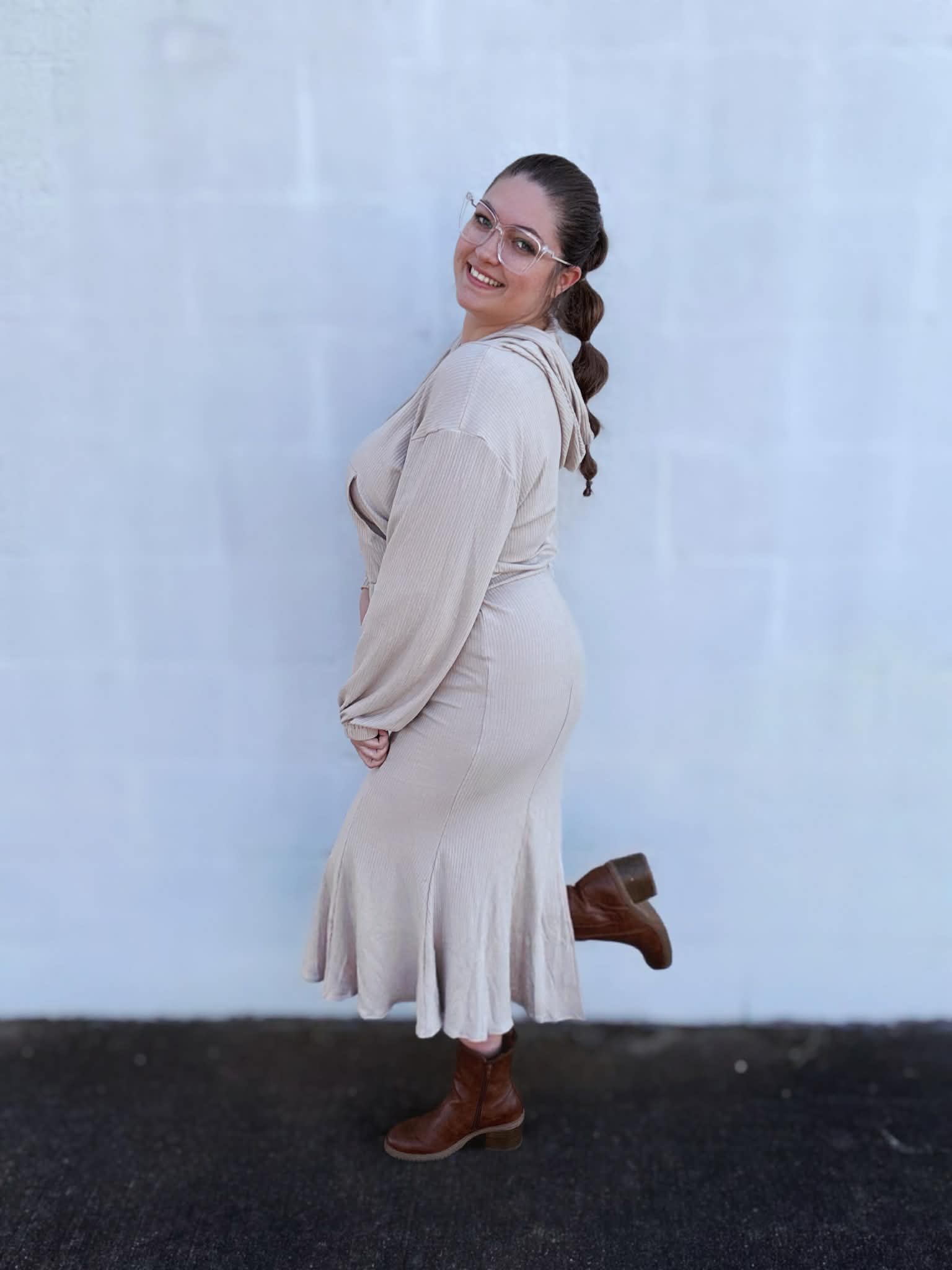 Serene Comfort Beige Ribbed Knit Set | Modest Two-Piece Skirt Outfit -S