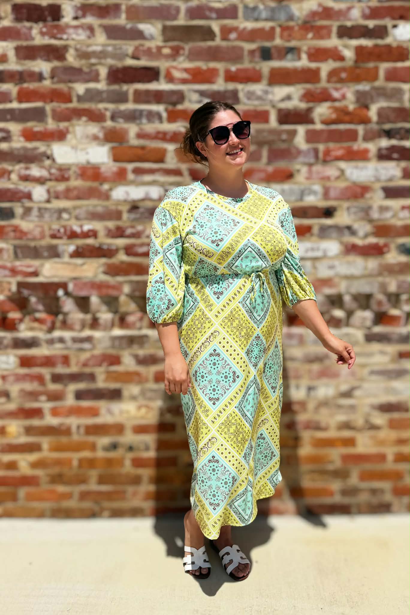 【ミモザ】genre ジャンル / CHURCH DRESS Chartreuse Patchwork Midi Dress | Modest Church Dress S–3X
