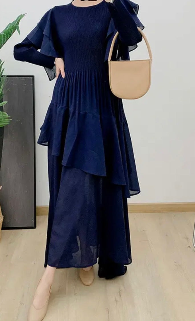 Navy Blue Color - I Love Fall Dress ☆ Preorder ☆ ETA 2/3 Weeks - Tiered/Ruffled Sleeves Ending in Simple Long Sleeves - Pleating Detail and Irregular Ruffles Across Skirt