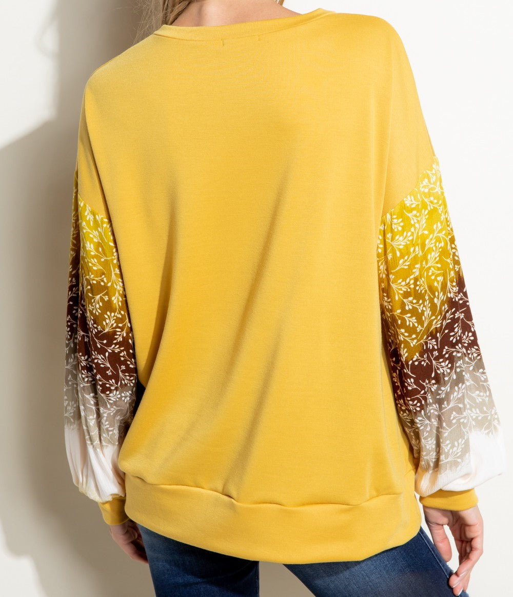 Back View of Ombre Blossom Top in Mustard with Gradient Sleeves in Mustard, Brown, Tan, and White with Mustard Cuffs - Loose, Oversized Fit - Available in Plus Size 1X-3X